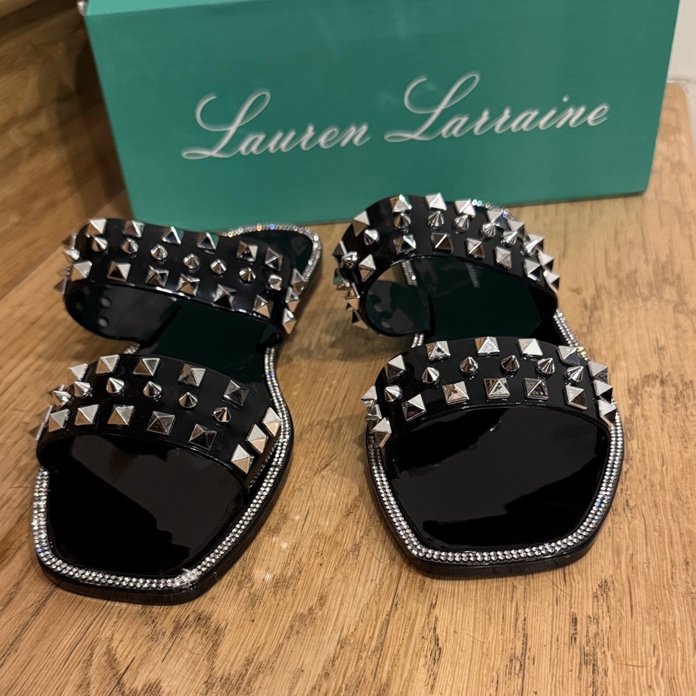 MUST HAVE Lauren Lorraine Black Sandals with Silver Studs and Rhinestones